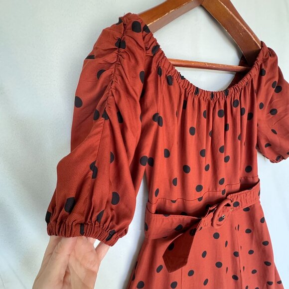 Anthropologie Maeve Lucienne Off-The-Shoulder Brown Polka Dot Maxi Dress Size 6 - Picture 3 of 16